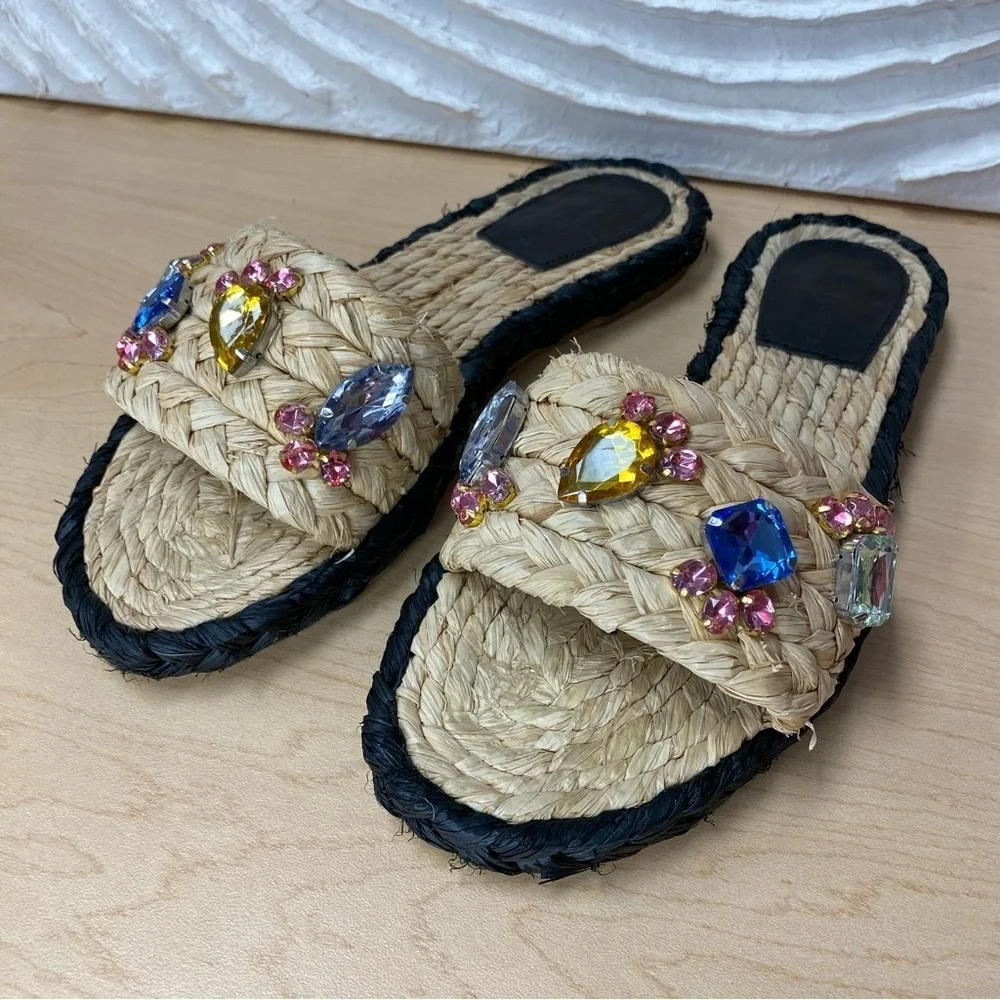 T14 Tory Burch Multicolor Crystal‎ Raffia Slide Sandals